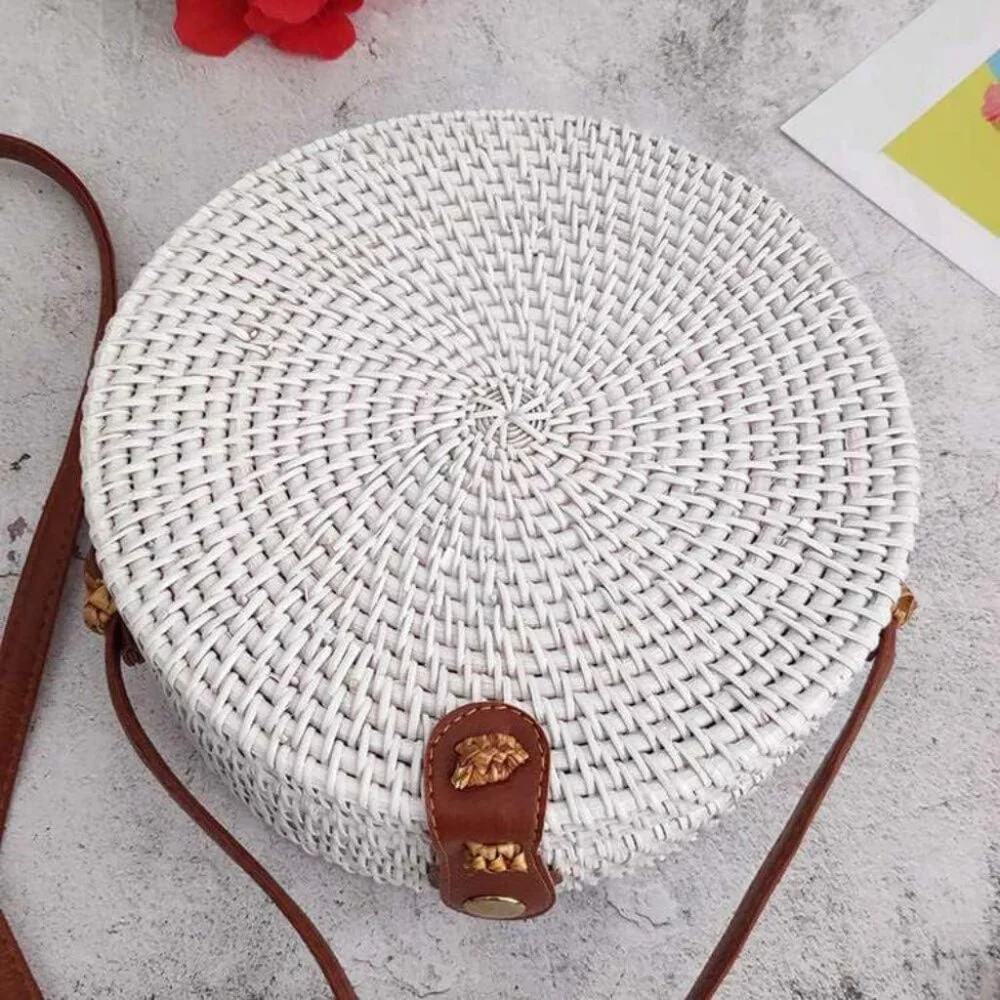 Handwoven Round Rattan Straw Bag for Women Shoulder Leather Button Straps Natura - Picture 6 of 6